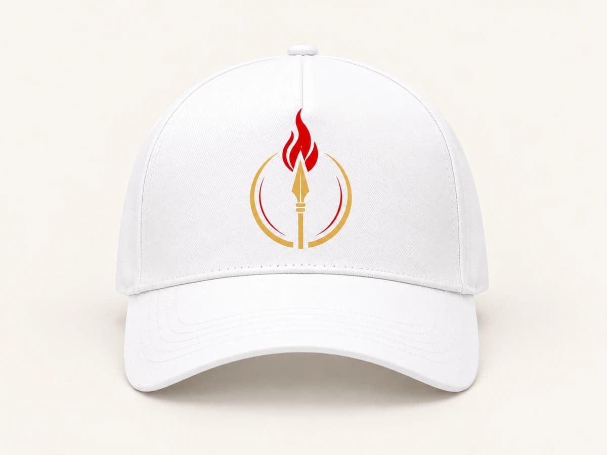 Visualización de una gorra blanca con el símbolo rojo y dorado de Fundación Lanzas Encendidas
