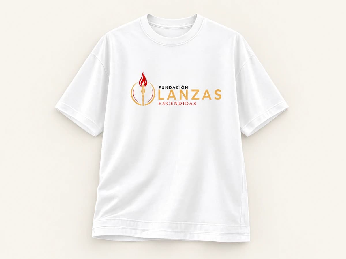 Visualización de una camiseta blanca de cuello redondo con el logotipo de Fundación Lanzas Encendidas